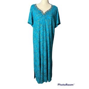 Patio Casuals Maxi Dress in Blue and Gold Paisley Print Beaded Neckline Size L